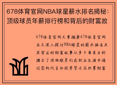 678体育官网NBA球星薪水排名揭秘：顶级球员年薪排行榜和背后的财富故事 - 副本