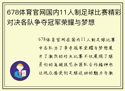 678体育官网国内11人制足球比赛精彩对决各队争夺冠军荣耀与梦想